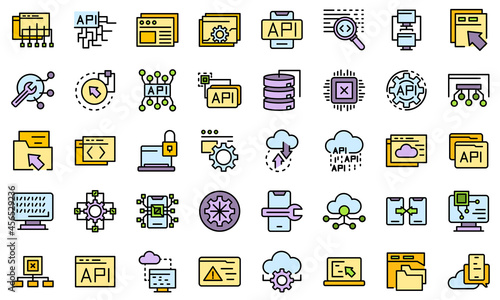 API icons set. Outline set of API vector icons thin line color flat isolated on white