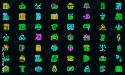 Anti-money laundry icons set. Outline set of Anti-money laundry vector icons neon color on black