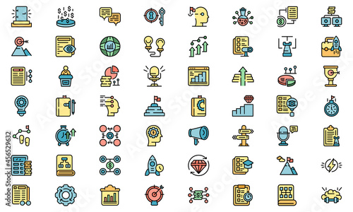 Realization icons set. Outline set of realization vector icons thin line color flat isolated on white