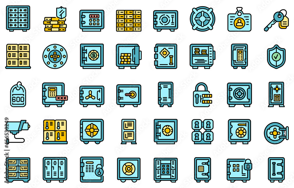 Deposit room icons set. Outline set of deposit room vector icons thin line color flat isolated on white Deposit room icons set. Outline set of deposit room vector icons thin line color flat isolated on white