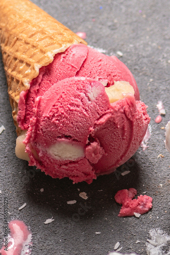 Variety of ice cream scoops in waffel cones