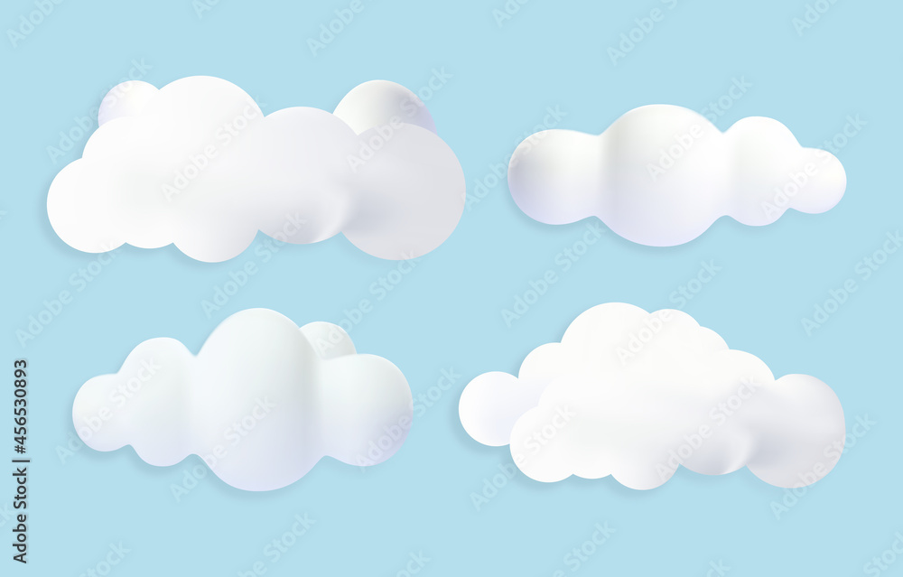 3d render of clouds. Realistic graphic elements for website, beautiful sky. Pictures for printing on fabric. Backdrop for logo and text. Collection of vector illustrations isolated on blue background