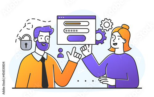 Woman register online. Man helps user to create an account on website. Technical support, faq, consultation. Password and login. Cartoon flat vector illustration isolated on white background