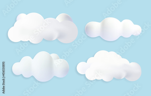 3d render of clouds. Realistic graphic elements for website, beautiful sky. Pictures for printing on fabric. Backdrop for logo and text. Collection of vector illustrations isolated on blue background