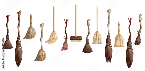 Vector image of a set of stylized brooms in cartoon style isolated on white background. EPS 10