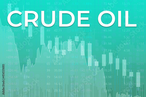 Price change on Crude Oil futures in world on green finance background from columns, graphs, charts, candle, arrow. Trend up and down. 3D illustration