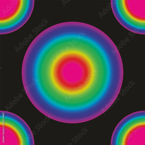 Colorful, rainbow dots, seamless pattern, black background. The four dots in corner are smaller, but the area in pink is bigger, it gives the pattern a psychedelic elegant feeling. Vector illustration