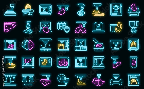 Bioprinting icons set. Outline set of bioprinting vector icons neon color on black