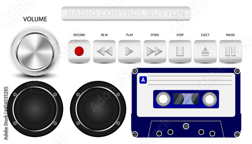 isolated radio control button tape classette and speakers on white background vector design