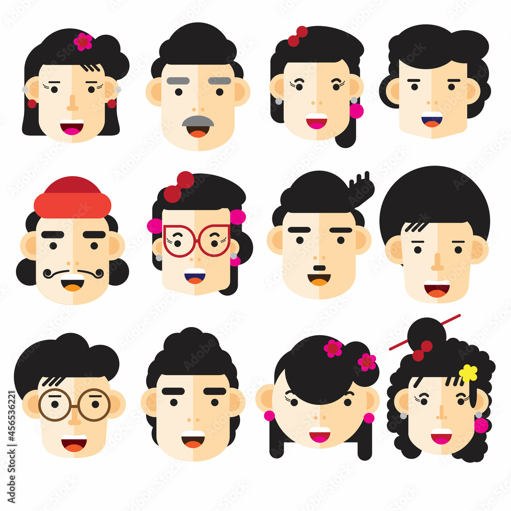 Various male and female human faces flat vector illustration design on white background. Various male and female human faces flat vector illustration design on white background.