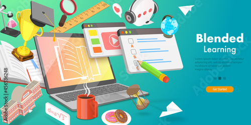 3D Vector Conceptual Illustration of Blended Learning Approach, Combining Online Education with Traditional Classroom Methods