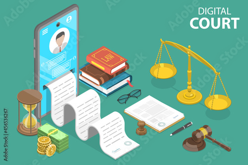 3D Isometric Flat Vector Conceptual Illustration of Digital Court, Online Legal Services and Internet Lawyer Advice