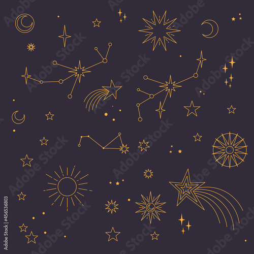 Astral elements vector design. Cosmic, celestial background. Stars, planets, sun, cosmos linear icons.