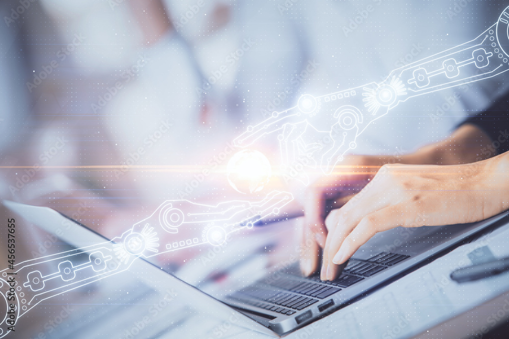Double exposure of woman hands working on computer and data theme hologram drawing. Tech concept. Double exposure of woman hands working on computer and data theme hologram drawing. Tech concept.