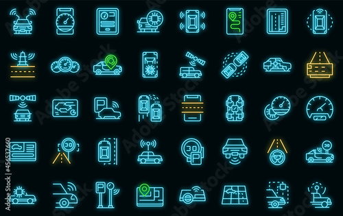 Autonomous car icons set. Outline set of autonomous car vector icons neon color on black
