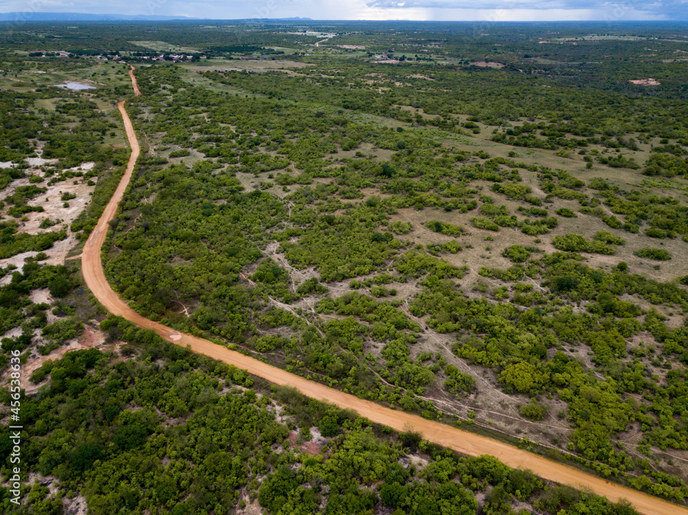 vista aérea de estrada de terra na área rural cortando mata de caatinga em assu, rio grande do norte, brasil