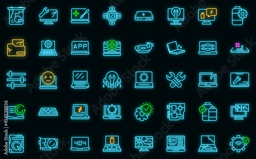 Laptop repair icons set. Outline set of laptop repair vector icons neon color on black