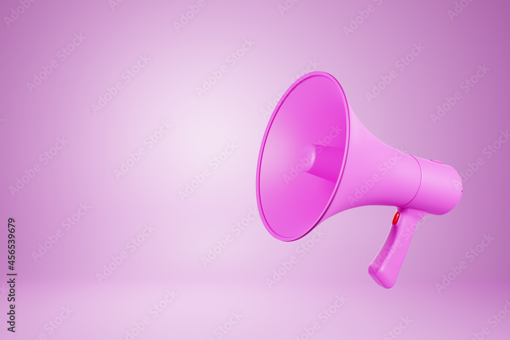 Realistic pink megaphone or bullhorn speaker Isolated modern megaphone speaker on pink background - 3D rendering. Realistic pink megaphone or bullhorn speaker Isolated modern megaphone speaker on pink background - 3D rendering.