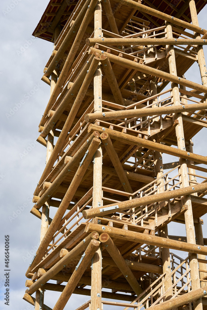 wooden lookout observation tower closeup cloudy background wooden lookout observation tower closeup cloudy background