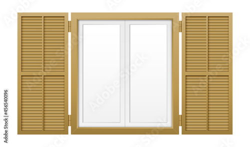 Window with shutters isolated on a white background. Vector illustration of wooden window shutter.