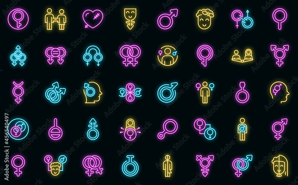 Gender identity icons set. Outline set of gender identity vector icons neon color on black Gender identity icons set. Outline set of gender identity vector icons neon color on black
