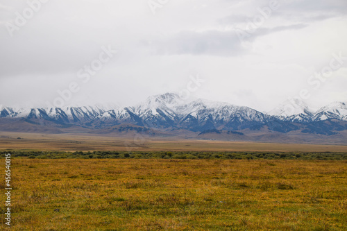 Kazakh steppe with the Pamir mountains in the background