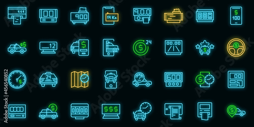 Taximeter icons set. Outline set of taximeter vector icons neon color on black