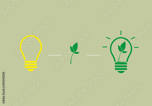 The plant is planted in a lamp. Enviroment protection. Green planet, organic use of energy. Vector image. Use for advertisements, posters, banners, magazines, flyers.