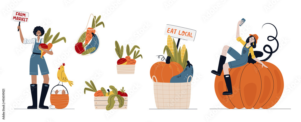Fototapeta premium Farm Market, Harvest festival or Eat Local concept. Set of farmer women in modern style with vegetables. Buy fresh organic products from the local farmer’s market. Cartoon vector illustration