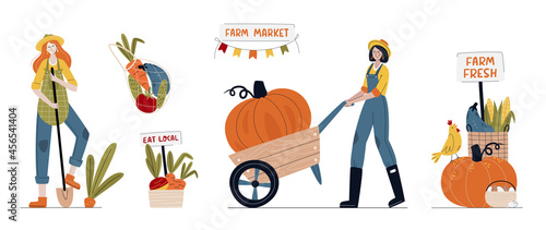 Set of farmer women in modern style with vegetables. Farm Market, Harvest festival or Eat Local concept. Buy fresh organic products from the local farmer’s market. Cartoon vector illustration