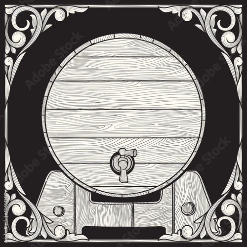 Black and white drawn wooden barrel with ornate frame