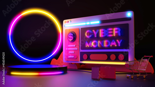 Cyber monday Neon light glow online shopping. 3d rendering