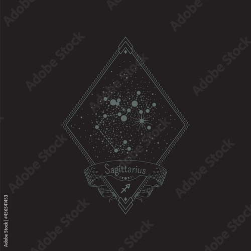 Sketch tattoo sagittarius constellation with title in a retro frame. Vector linear isolated diamond-shaped astrological illustration with rhombus, star system, ribbon and zodiac sign for print