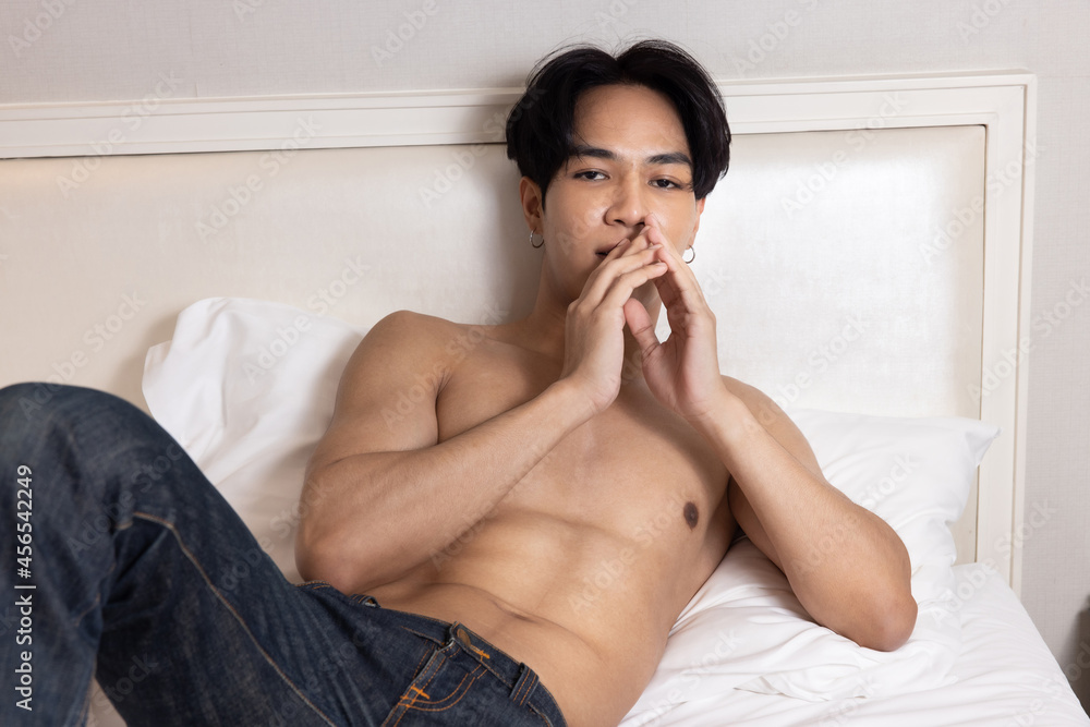 Asian young handsome man shirtless with jean Asian young handsome man shirtless with jean
