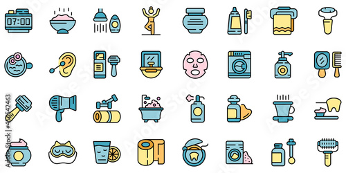 Morning treatments icons set. Outline set of morning treatments vector icons thin line color flat isolated on white