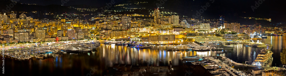 Night panoramic view of the port of Monaco,Monte Carlo,France.Port Yacht club