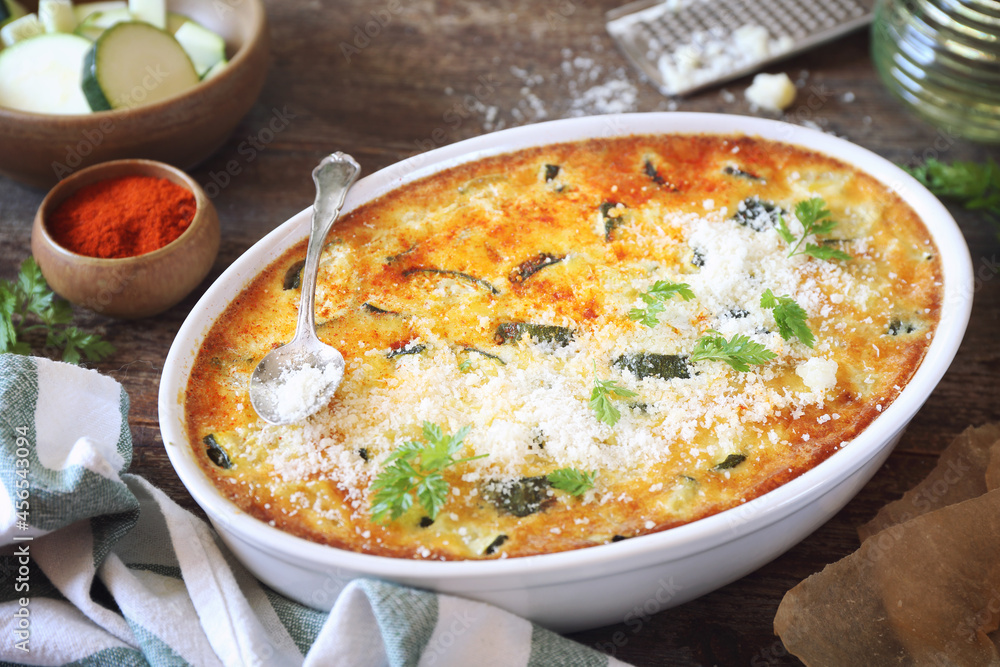 French cuisine. Zucchini clafoutis with Parmesan  cheese