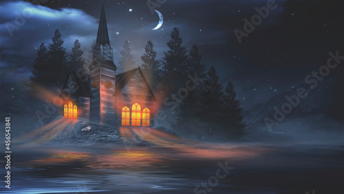 Night fantasy landscape with abstract mountains and island on the water  wooden house on the shore  church  moonlight  fog  night lamp. 3D 