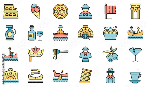 Gondolier icons set outline vector. Venice bridge gondola. Canal boat man