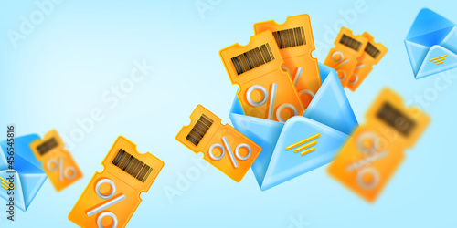 3D discount coupon sale banner, vector yellow ticket, open envelope illustration, customer gift background. Lucky present offer, loyalty program benefit concept. 3D shopping coupon promotional card