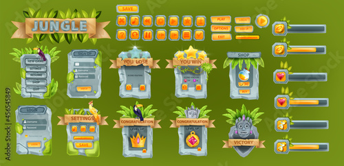Jungle stone UI game set, user interface rock button kit, window menu panel, energy health bar. Mobile app frame collection, winner badge, login template, tropical leaf, maya gold. UI game 2D assets