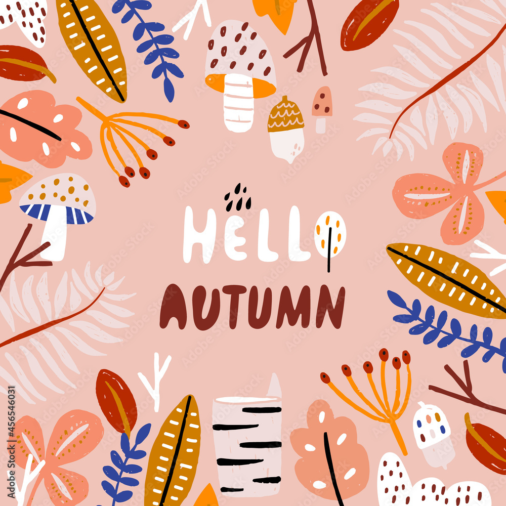 Hello autumn graphic concept. Lettering quote template. Vector illustration