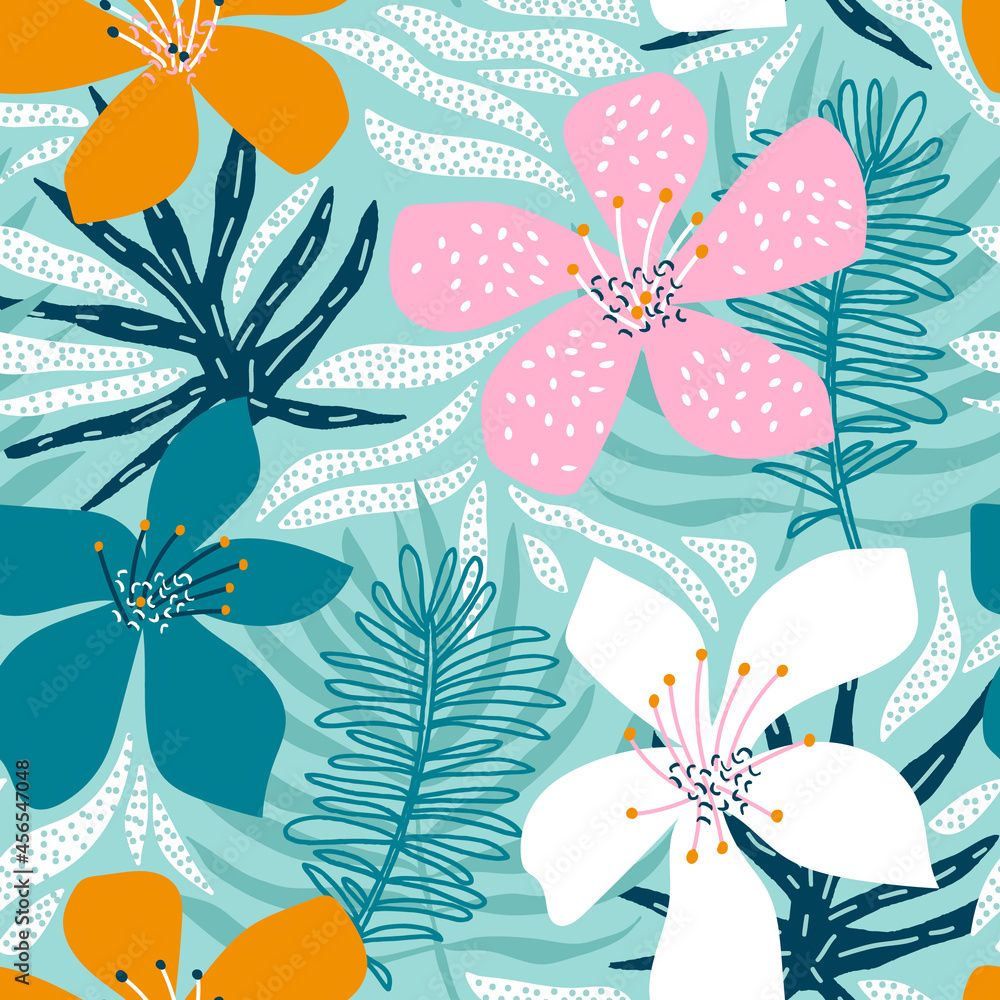 Seamless tropical pattern with leaves and exotic flowers. Jungle summer background. Perfect for fabric design, wallpaper, apparel. Vector illustration