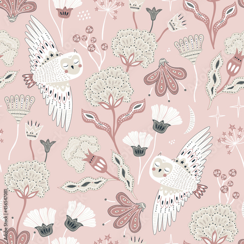 Seamless hight detailed floral texture with hand drawn owl. Bohemian pink floristic texture. Vector illustration
