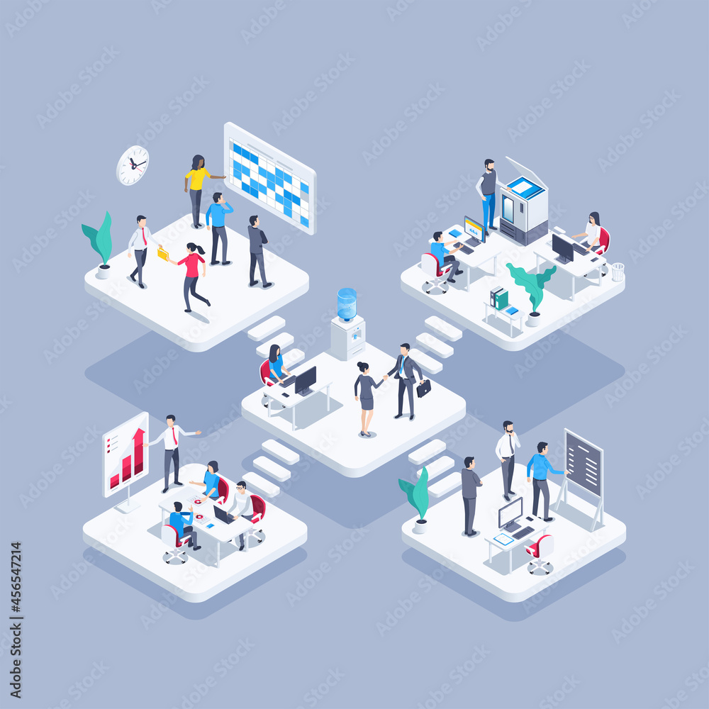 isometric vector illustration on gray background, office workers in different situations, teamwork and collaboration isometric vector illustration on gray background, office workers in different situations, teamwork and collaboration