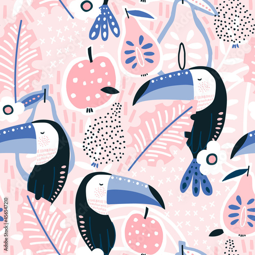 Seamless summer pattern with jungle bird, flower, fruits, leaves. Tropical toucan texture.Vector illustration