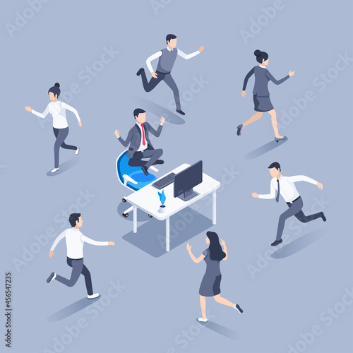 isometric vector illustration on a gray background, a man in a business suit sits calmly in a lotus position above his workplace, people fussily run around the office, working meditation © dimon_ua