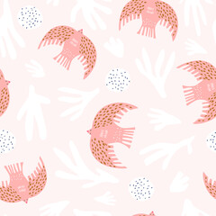 Gardinen Mustersammlungen Nahtloses Muster mit Vögeln im skandinavischen Stil und abstrakten Elementen. Kreative rosa Vogelbeschaffenheit. Ideal für Stoff, Textil-Vektor-Illustration  © solodkayamari
