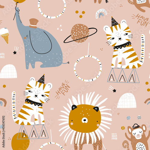 Cute circus animals seamless pattern. Funny modern style design for fabric, textile, apparel.Vector illustration