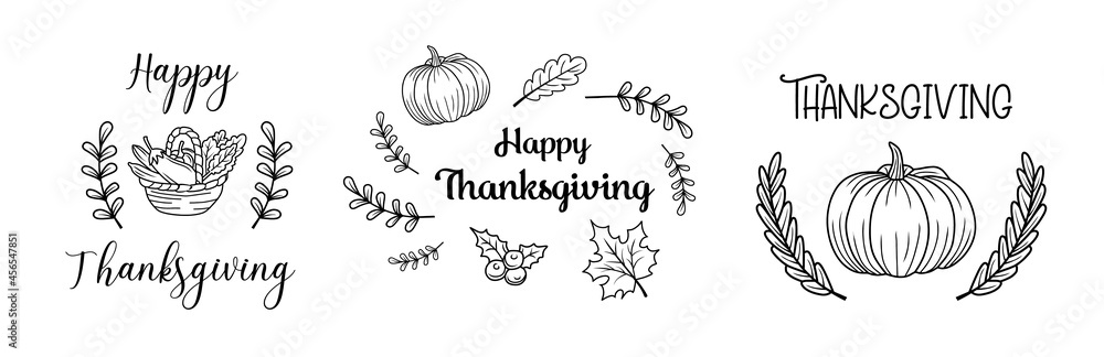 Thanksgiving set of typography. Give thanks hand drawn lettering for Thanksgiving Day. Thanksgiving design for cards, prints, invitations. Black text isolated on white background.